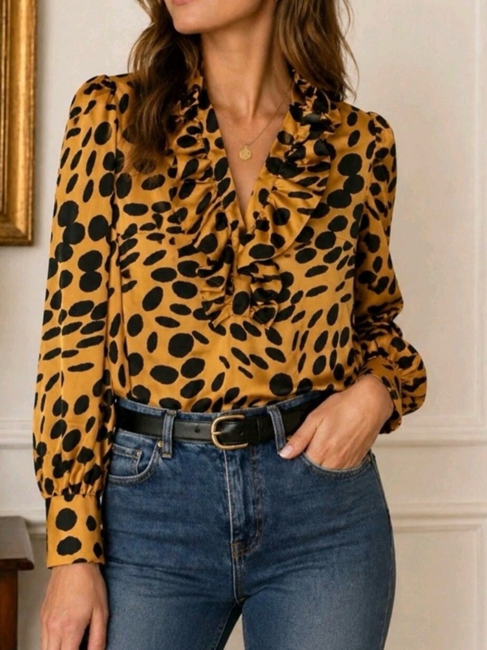 J. Crew Ruffle V-Neck Blouse in Wave Dot print